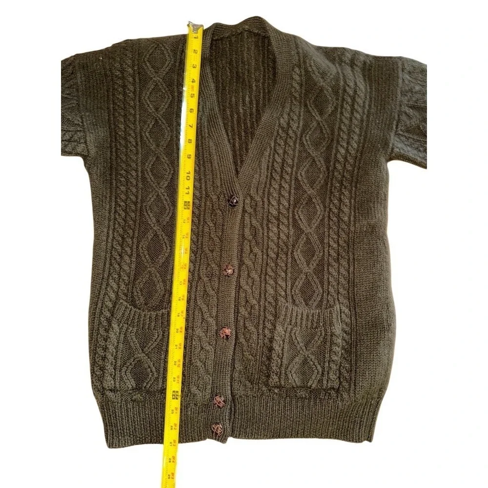 Aran Sweater Market Cardigan Sweater M Olive Green cabl wool grandpa Kurt Cobain